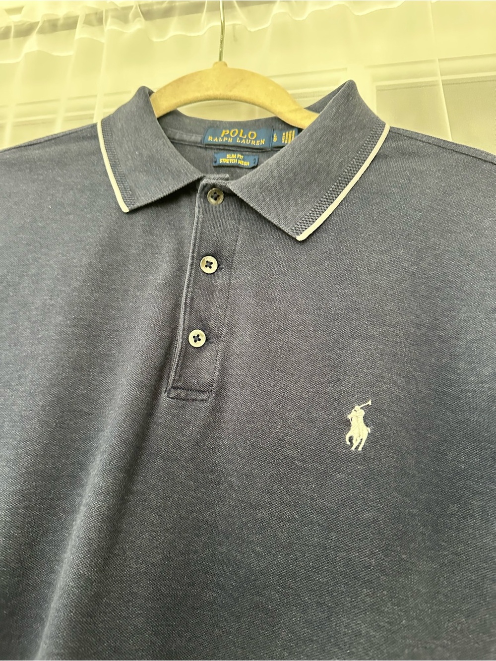 Polo Ralph Lauren Slim Fit Stretch Polo Shirt Men’s Large Navy Blue White Trim